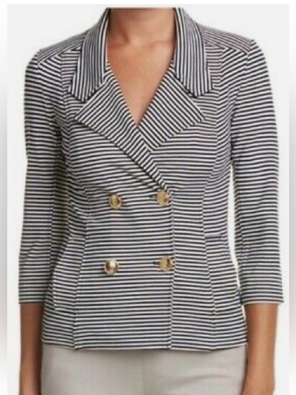 CAbi Navy & White Striped Double-Breasted Cropped Blazer